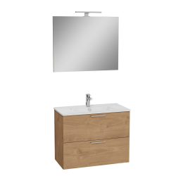 Mia Meuble 79x61x39,5 cm pour salle de bain avec miroir, lavabo et éclairage LED, Chêne (MIASET80D)