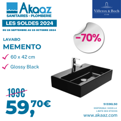 Memento Lavabo 60x42cm avec trou pour robinetterie et trop plein, Glossy Black Ceramicplus (51336LS0)