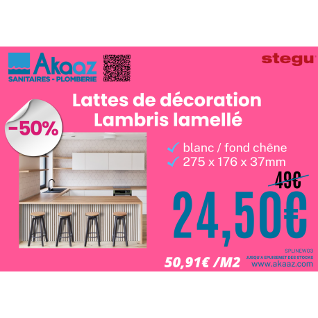 Lattes de décoration - Lambris lammelés blanc/fond chêne, 265 x 15 x 3 mm