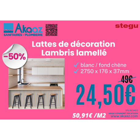 Lattes de décoration - Lambris lammelés blanc/fond chêne, 265 x 15 x 3 mm