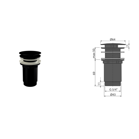 Bonde lavabo 5/4", métal sans trop-plein, Noir Mat