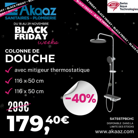Colonne de douche avec douchette 3 jets, Mitigeur thermostatique, Barre réglable en hauteur, Noir/Chrome