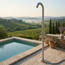 Douche extérieure Premium eau chaude/froide compatible tuyau d'arrosage & douchette stick, Inox 316L brossé