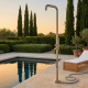 Douche extérieure eau chaude/froide compatible tuyau d'arrosage & rince-pieds, Inox 316L brossé (douche de tête ø250mm)