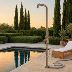 Douche extérieure eau chaude/froide compatible tuyau d'arrosage & rince-pieds, Inox 316L brossé (douche de tête ø250mm)