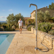 Douche extérieure eau chaude/froide compatible tuyau d'arrosage & rince-pieds, Inox 316L brossé (douche de tête ø250mm)
