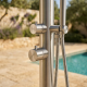 Douche extérieure eau chaude/froide compatible tuyau d'arrosage & rince-pieds, Inox 316L brossé (douche de tête ø250mm)