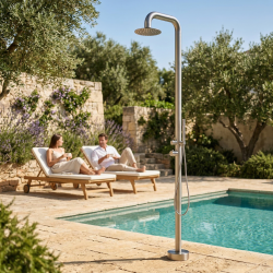 Douche extérieure eau chaude/froide compatible tuyau d'arrosage & rince-pieds, Inox 316L brossé (douche de tête ø250mm)