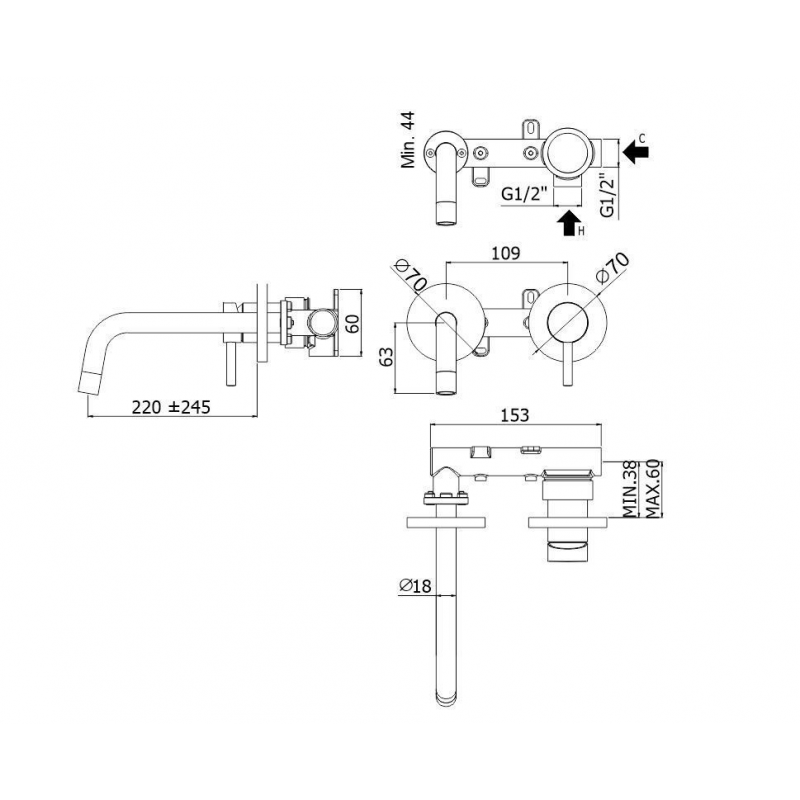 Mitigeur de lavabo encastré, doré (LIG103HG/M) - Akaaz