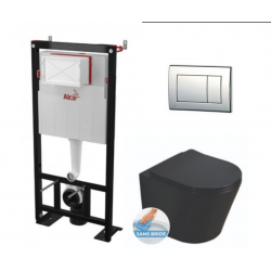 Pack WC Bâti autoportant + WC Swiss Aqua Technologies Infinitio noir mat sans bride + Plaque chrome