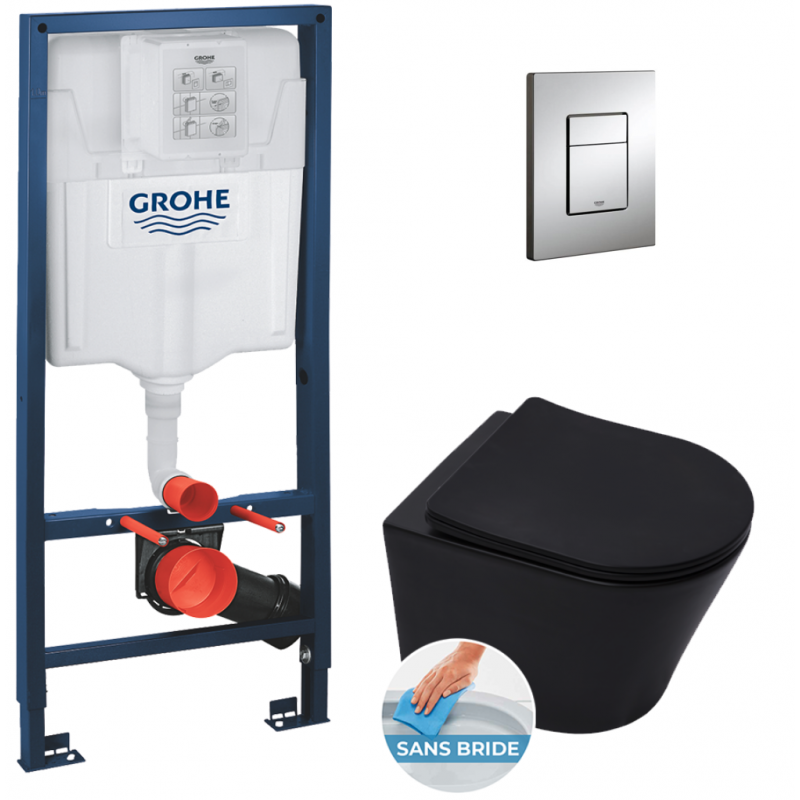 Grohe Pack WC Bâti-support Rapid SL + Cuvette suspendue Vitra + Abattant +  Douchette bidet + Plaque Chrome
